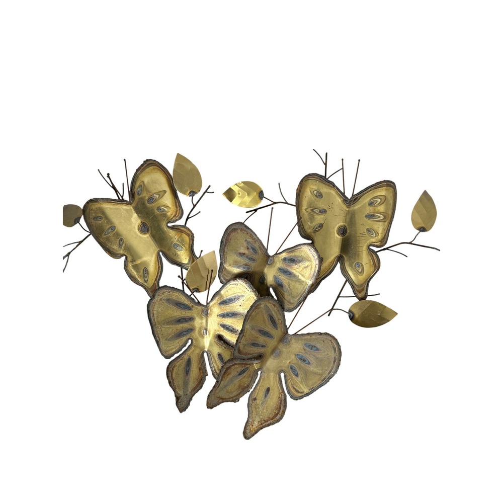 Vintage MCM Brutalist Gold Tone Metal Butterfly Leaf Wall Art Set Decor 3pc